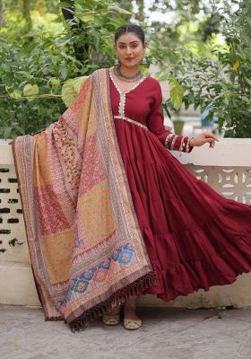 Maroon Mirror Work Silk Anarkali With Dupatta