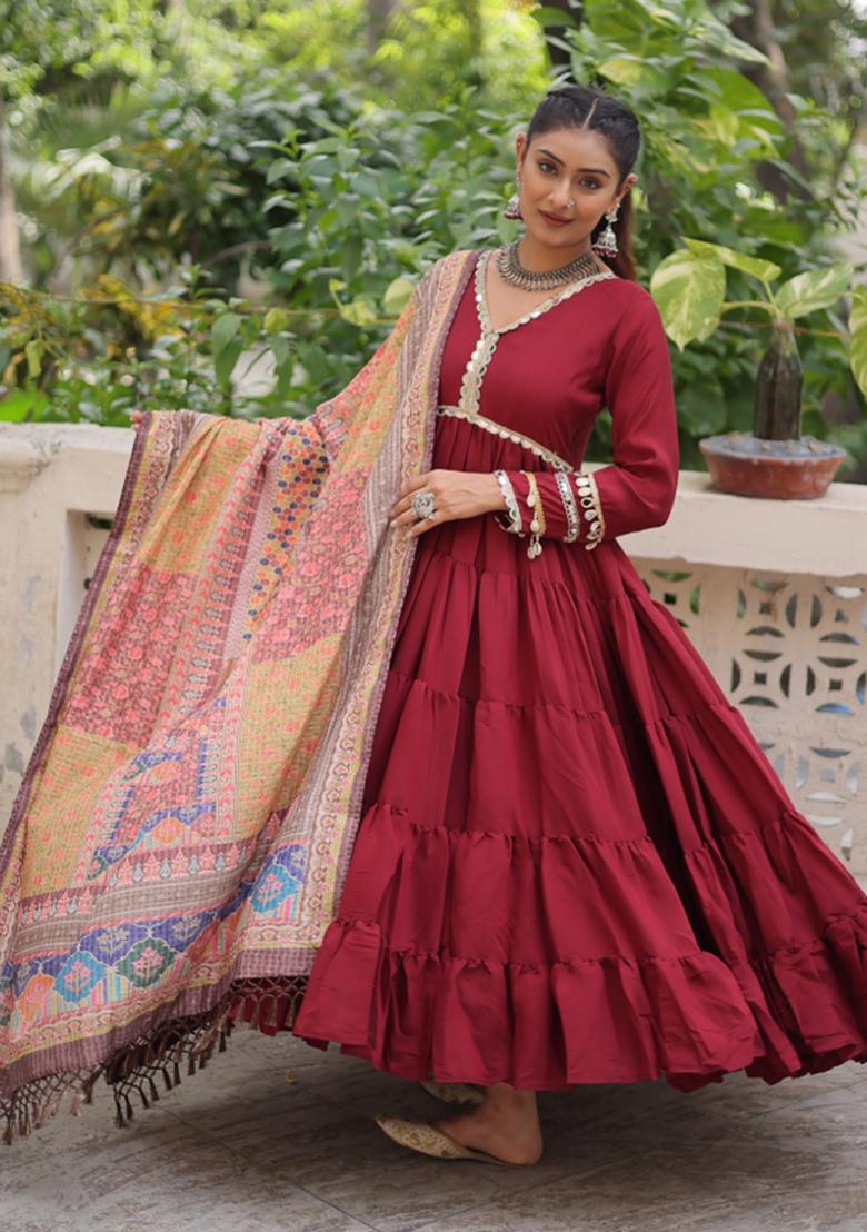 Maroon Mirror Work Silk Anarkali With Dupatta - Indya