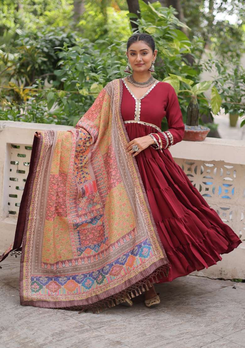 Maroon Mirror Work Silk Anarkali With Dupatta - Indya