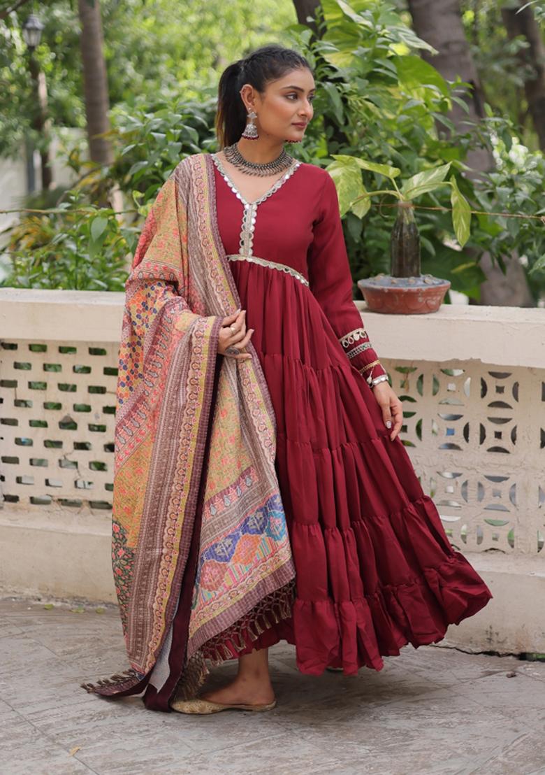Maroon Mirror Work Silk Anarkali With Dupatta - Indya