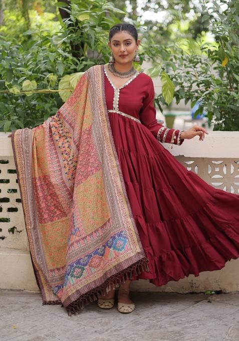 Maroon Mirror Work Silk Anarkali With Dupatta