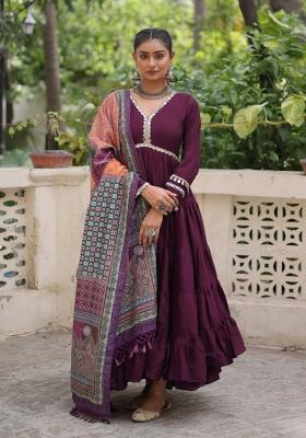 Wine Mirror Work Silk Anarkali With Dupatta