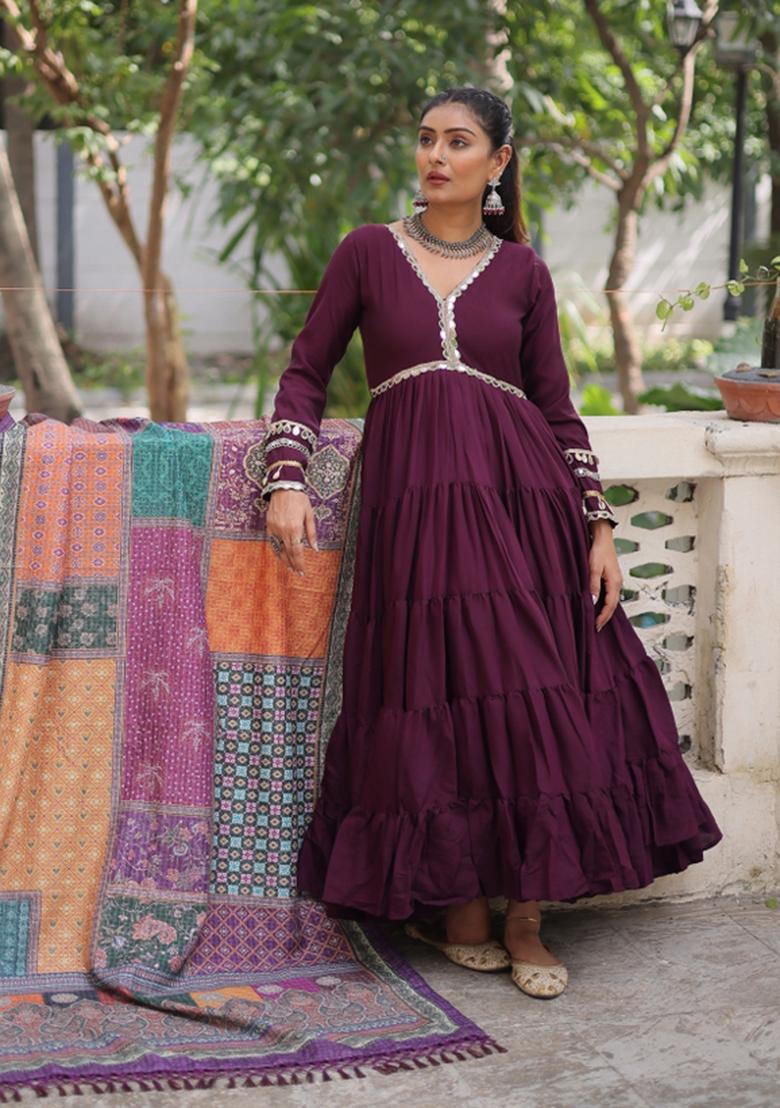 Wine Mirror Work Silk Anarkali With Dupatta - Indya