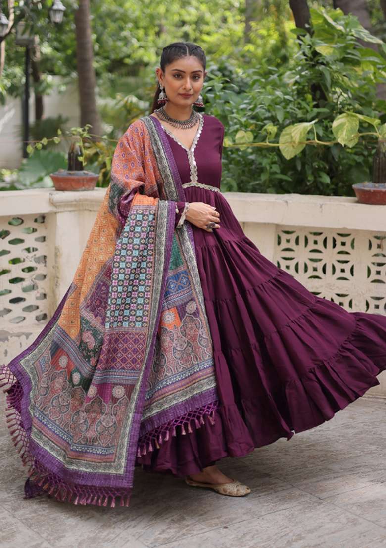 Wine Mirror Work Silk Anarkali With Dupatta - Indya