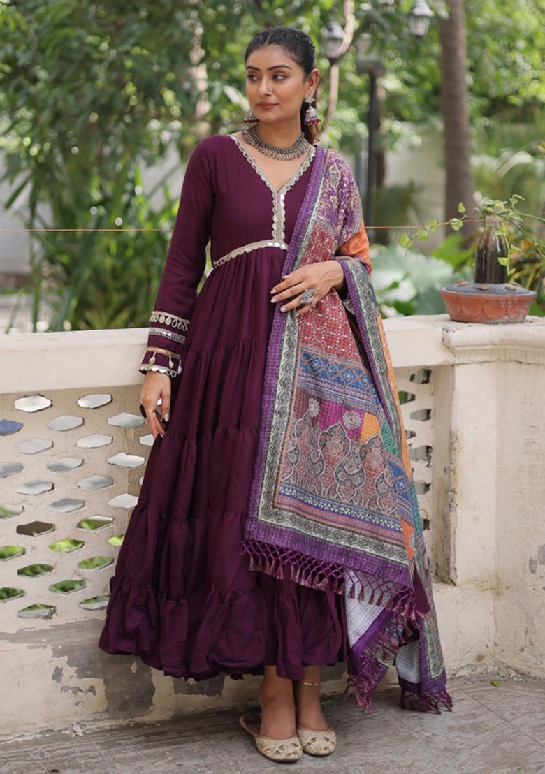 Wine Mirror Work Silk Anarkali With Dupatta - Indya
