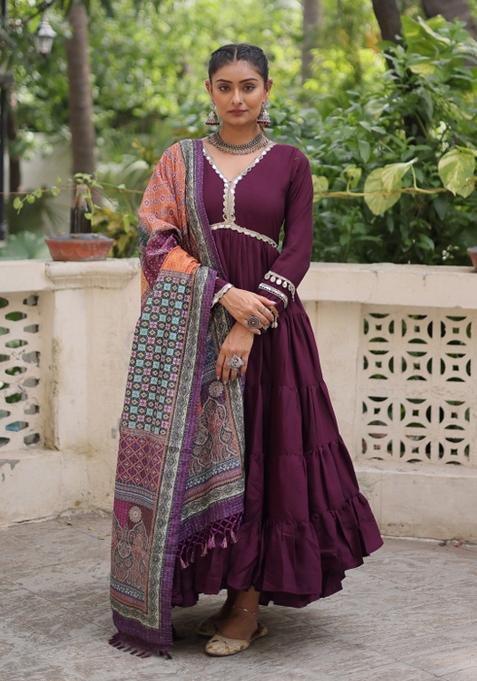 Wine Mirror Work Silk Anarkali With Dupatta