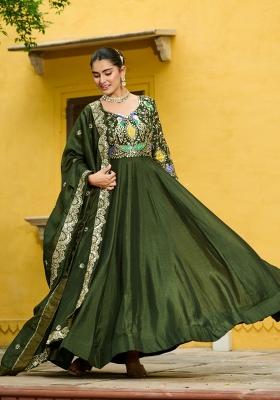Green Embroidered Silk Anarkali With Dupatta