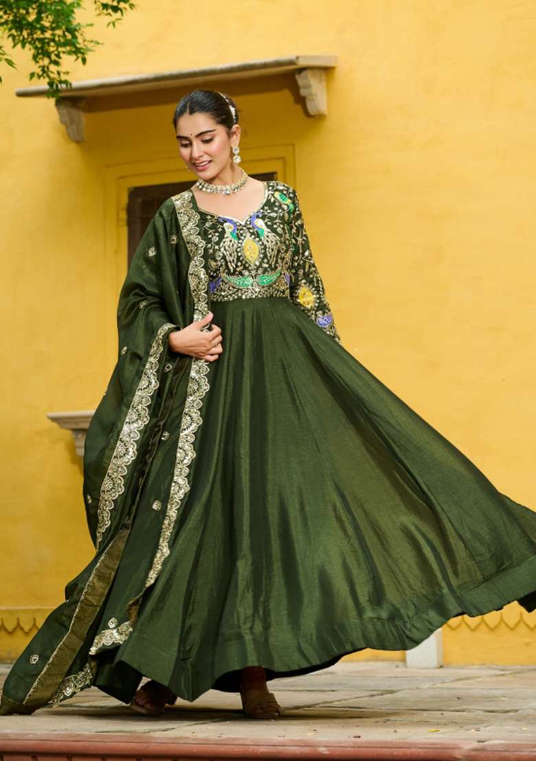 Green Embroidered Silk Anarkali With Dupatta - Indya