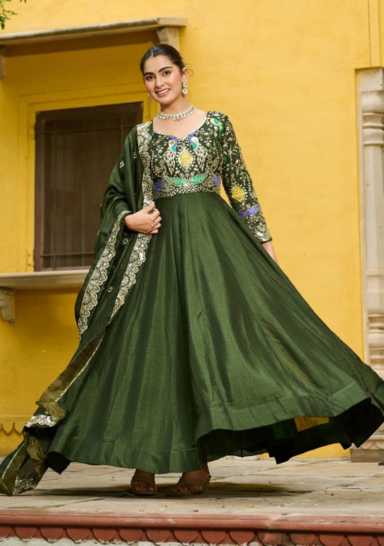 Green Embroidered Silk Anarkali With Dupatta - Indya