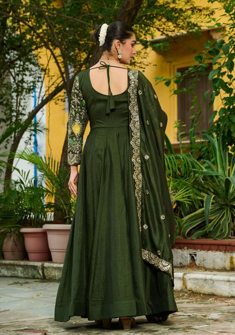 Green Embroidered Silk Anarkali With Dupatta - Indya