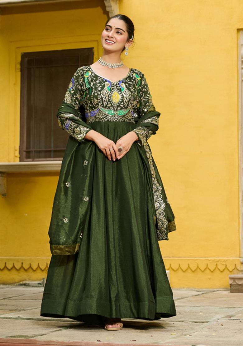 Green Embroidered Silk Anarkali With Dupatta - Indya