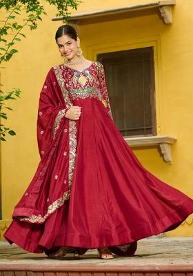 Maroon Embroidered Silk Anarkali With Dupatta