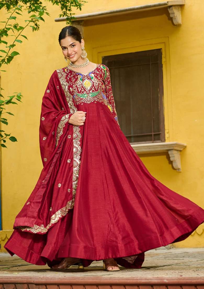 Maroon Embroidered Silk Anarkali With Dupatta - Indya