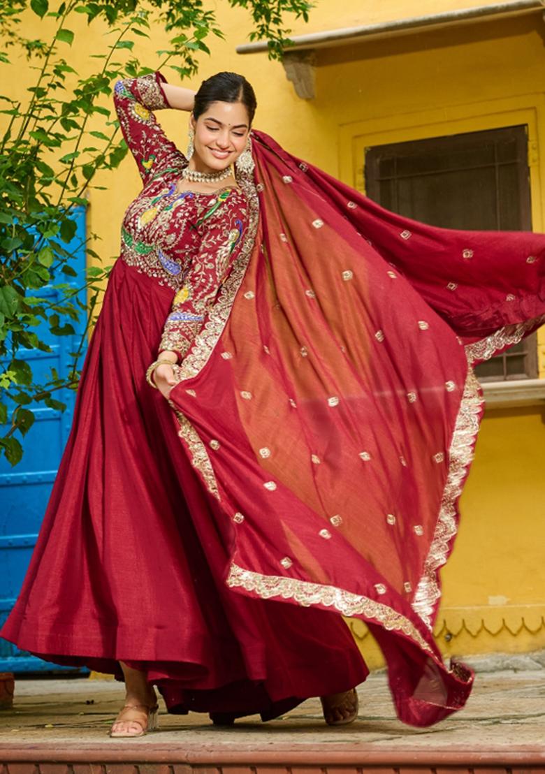 Maroon Embroidered Silk Anarkali With Dupatta - Indya