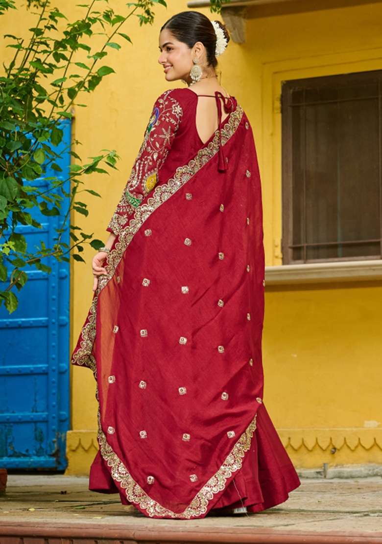 Maroon Embroidered Silk Anarkali With Dupatta - Indya