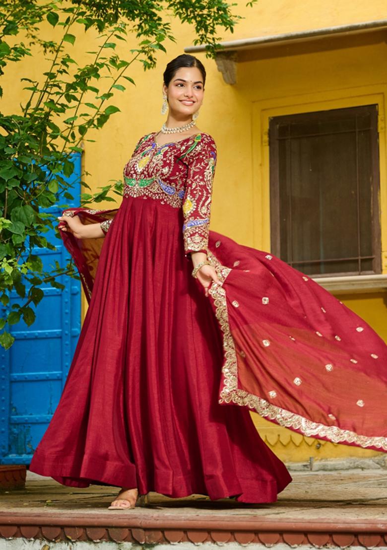 Maroon Embroidered Silk Anarkali With Dupatta - Indya