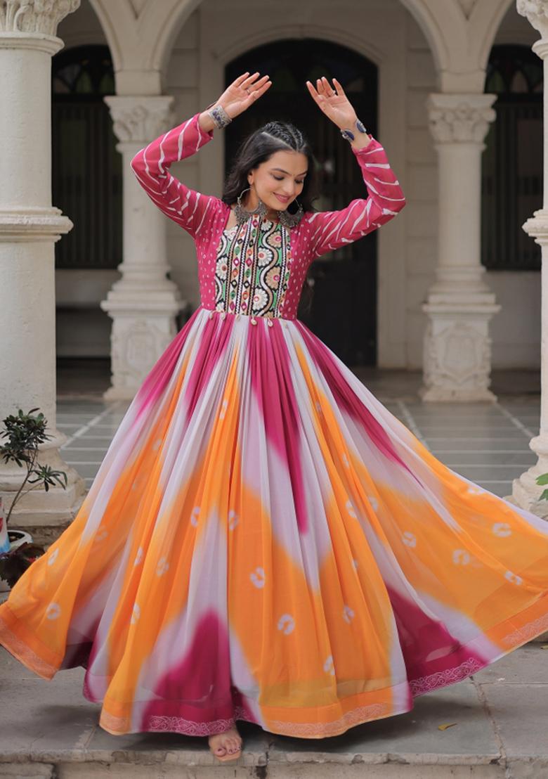 Orange Embroidered Georgette Anarkali With Dupatta - Indya