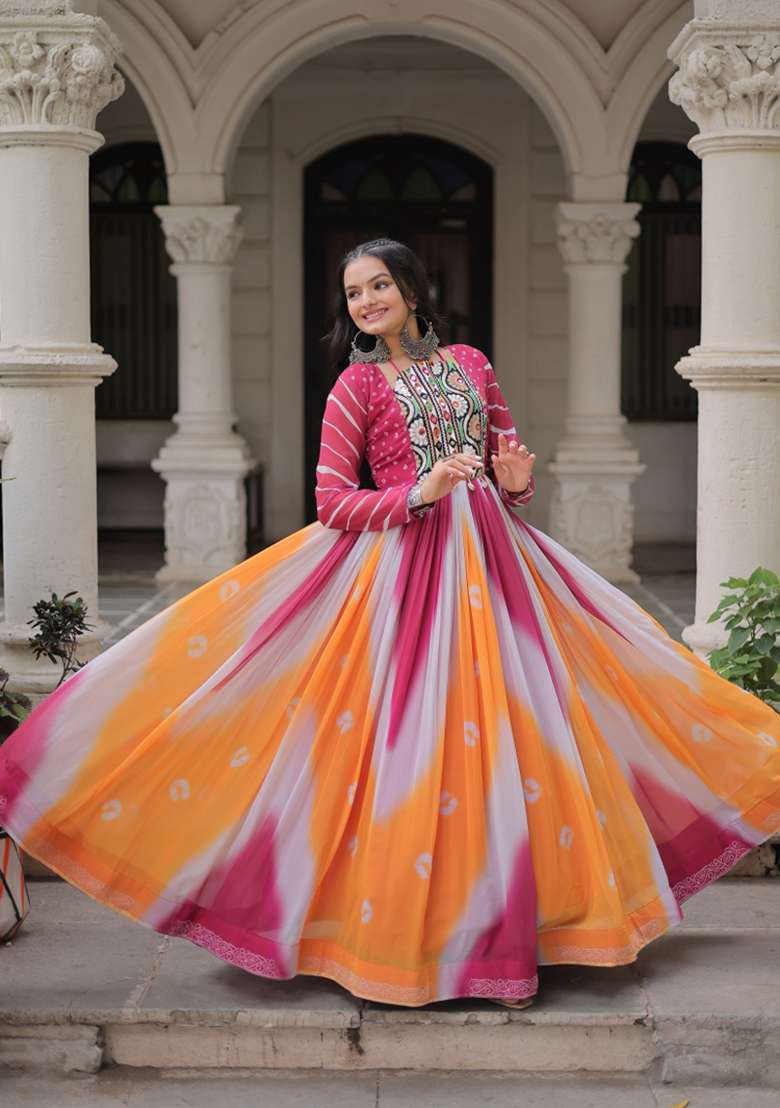 Orange Embroidered Georgette Anarkali With Dupatta - Indya