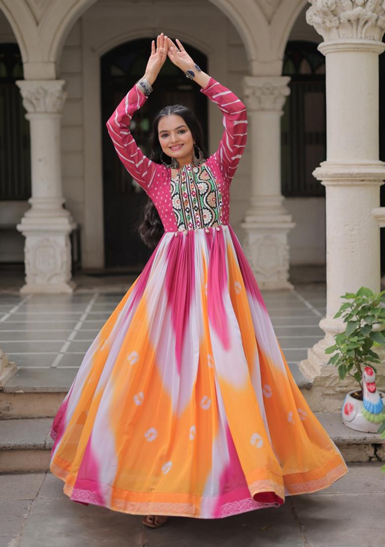 Orange Embroidered Georgette Anarkali With Dupatta - Indya