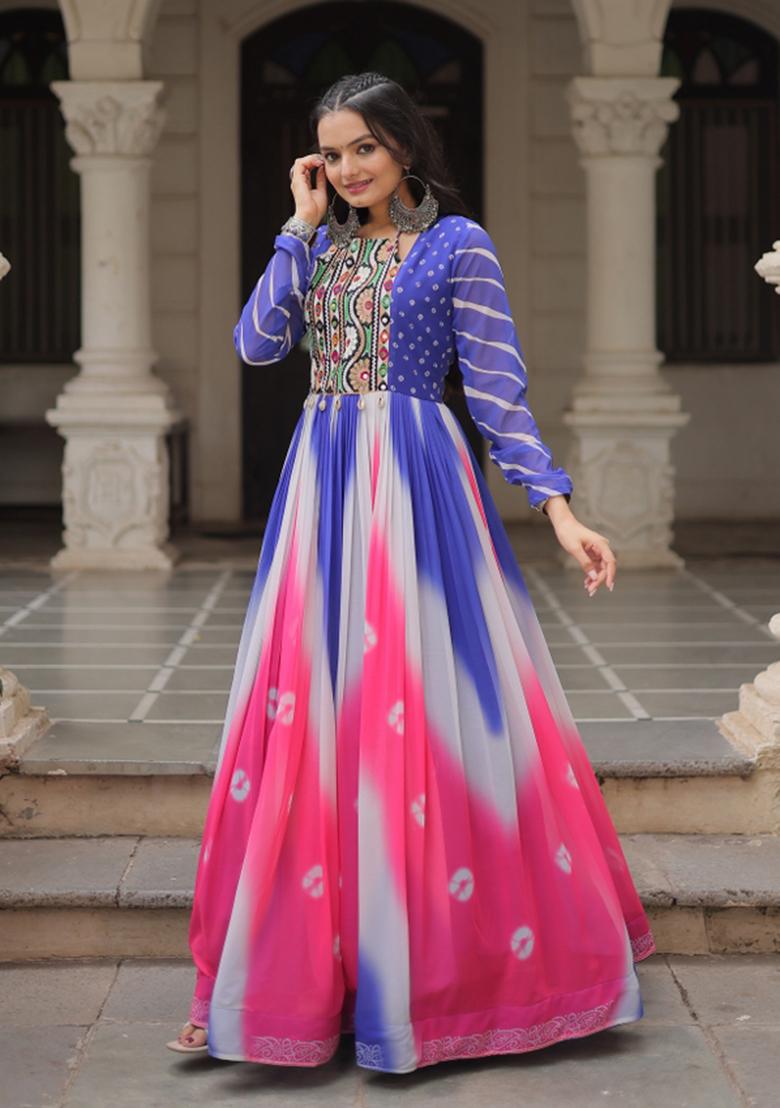 Purple Embroidered Georgette Anarkali With Dupatta - Indya