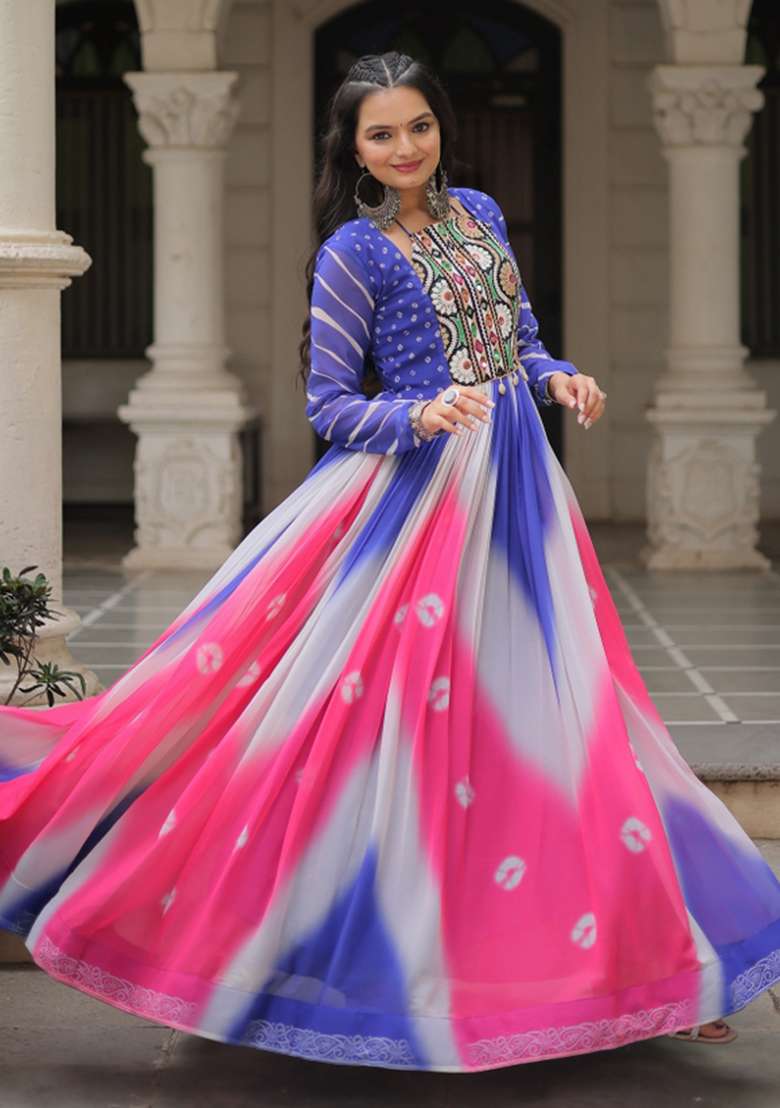 Purple Embroidered Georgette Anarkali With Dupatta - Indya
