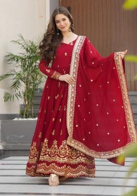 Maroon Embroidered Faux Blooming Anarkali With Dupatta