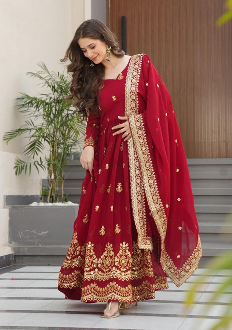 Maroon Embroidered Faux Blooming Anarkali With Dupatta - Indya
