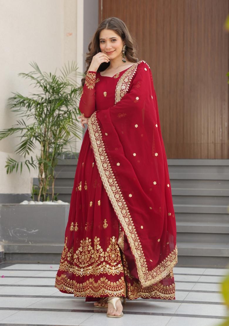Maroon Embroidered Faux Blooming Anarkali With Dupatta - Indya