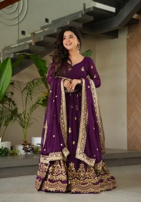 Purple Embroidered Faux Blooming Anarkali With Dupatta