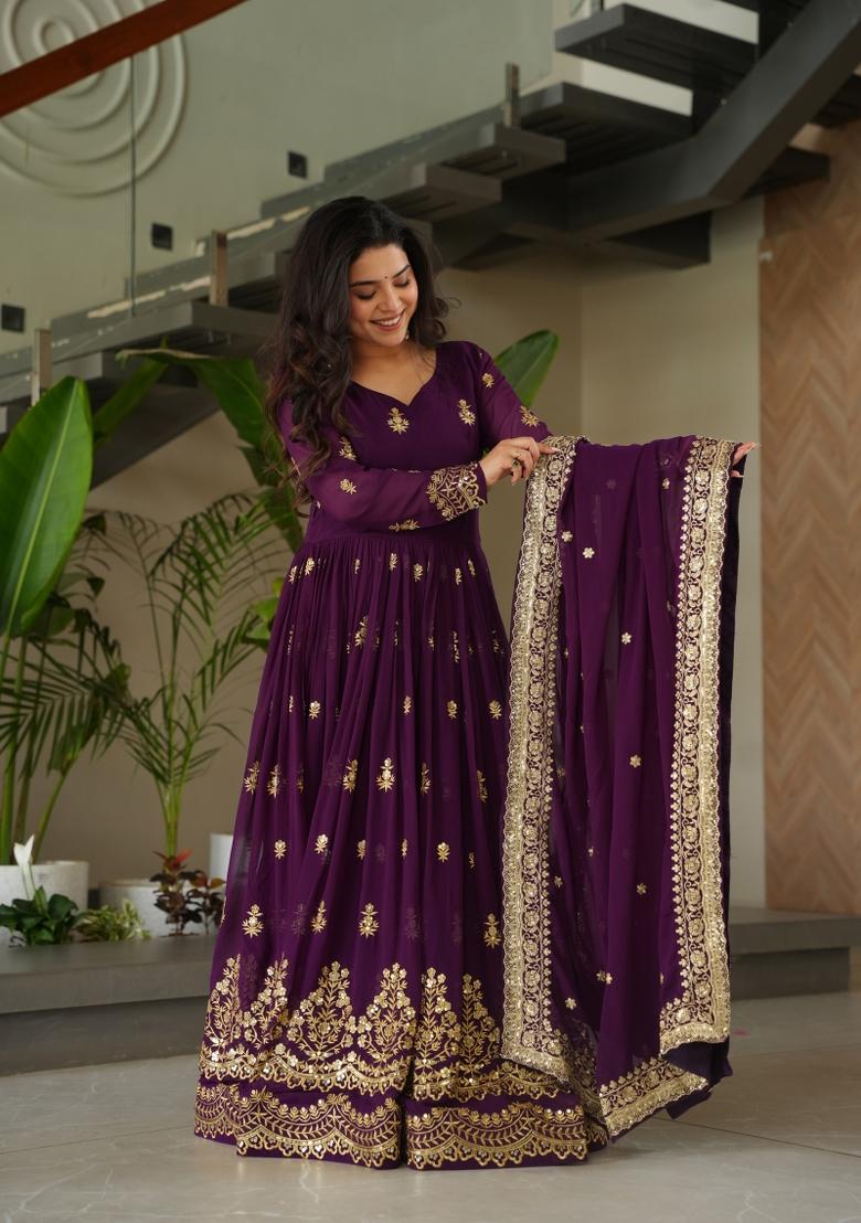 Purple Embroidered Faux Blooming Anarkali With Dupatta - Indya