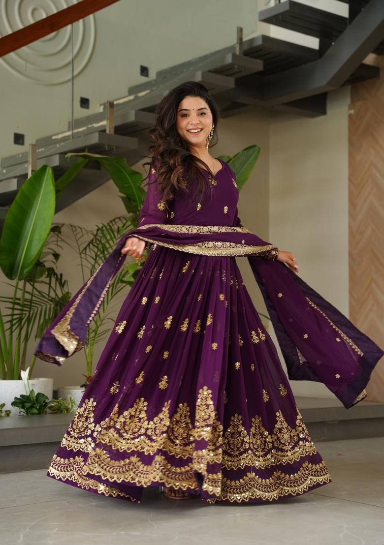 Purple Embroidered Faux Blooming Anarkali With Dupatta - Indya