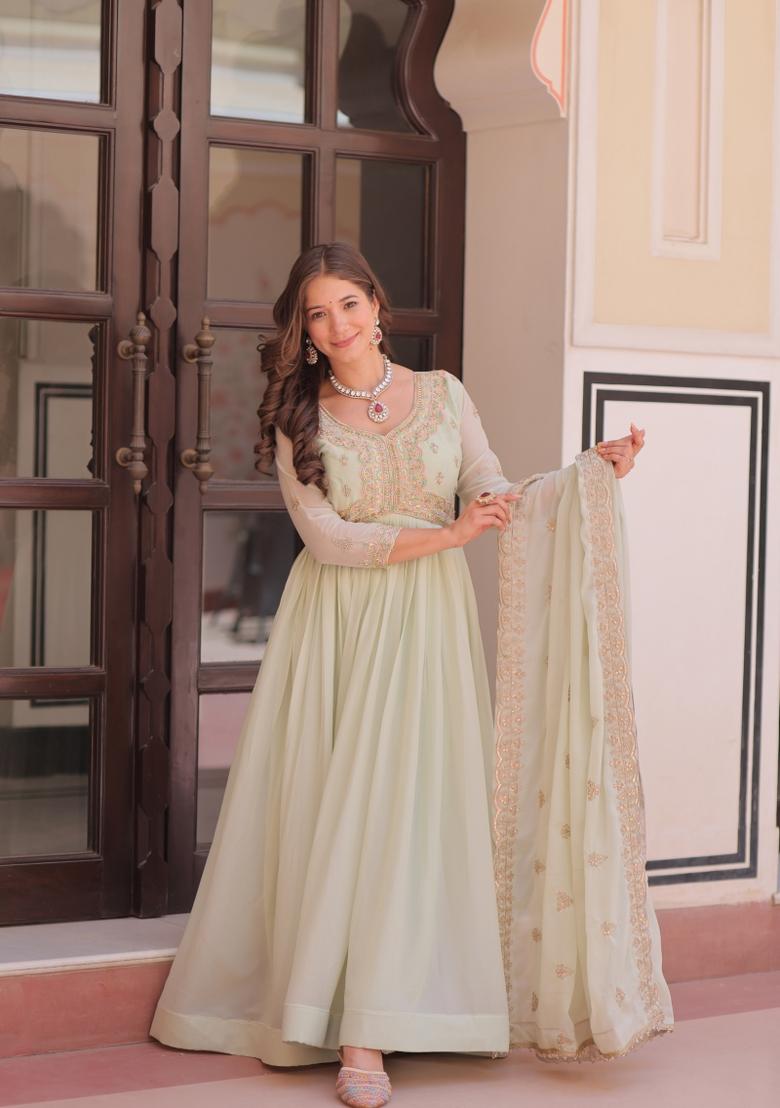 Pista Embroidered Georgette Anarkali With Dupatta - Indya
