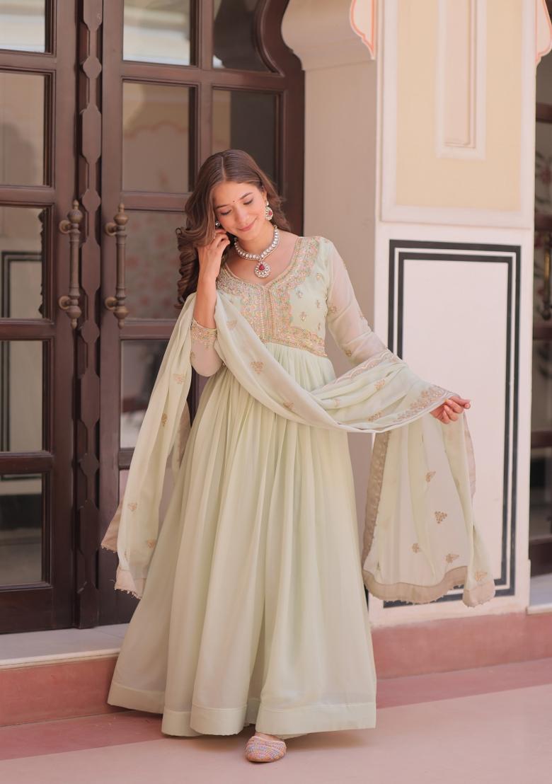 Pista Embroidered Georgette Anarkali With Dupatta - Indya