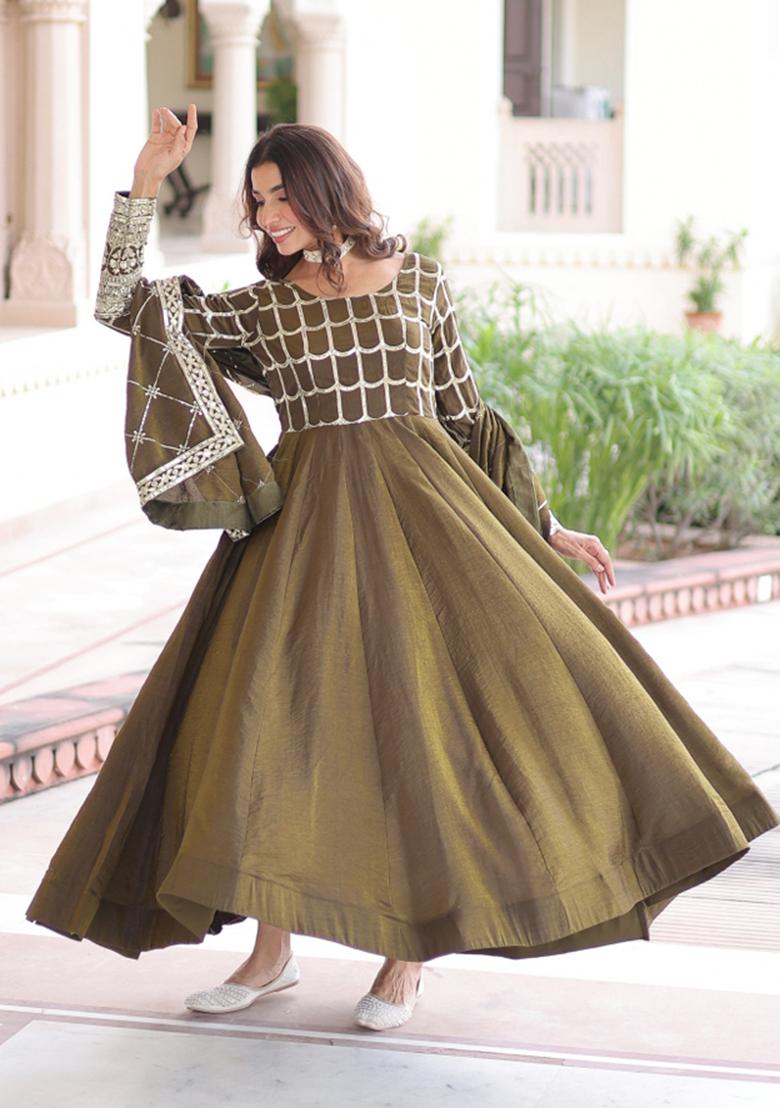 Mehendi Embroidered Nc Vichitra Anarkali With Dupatta - Indya