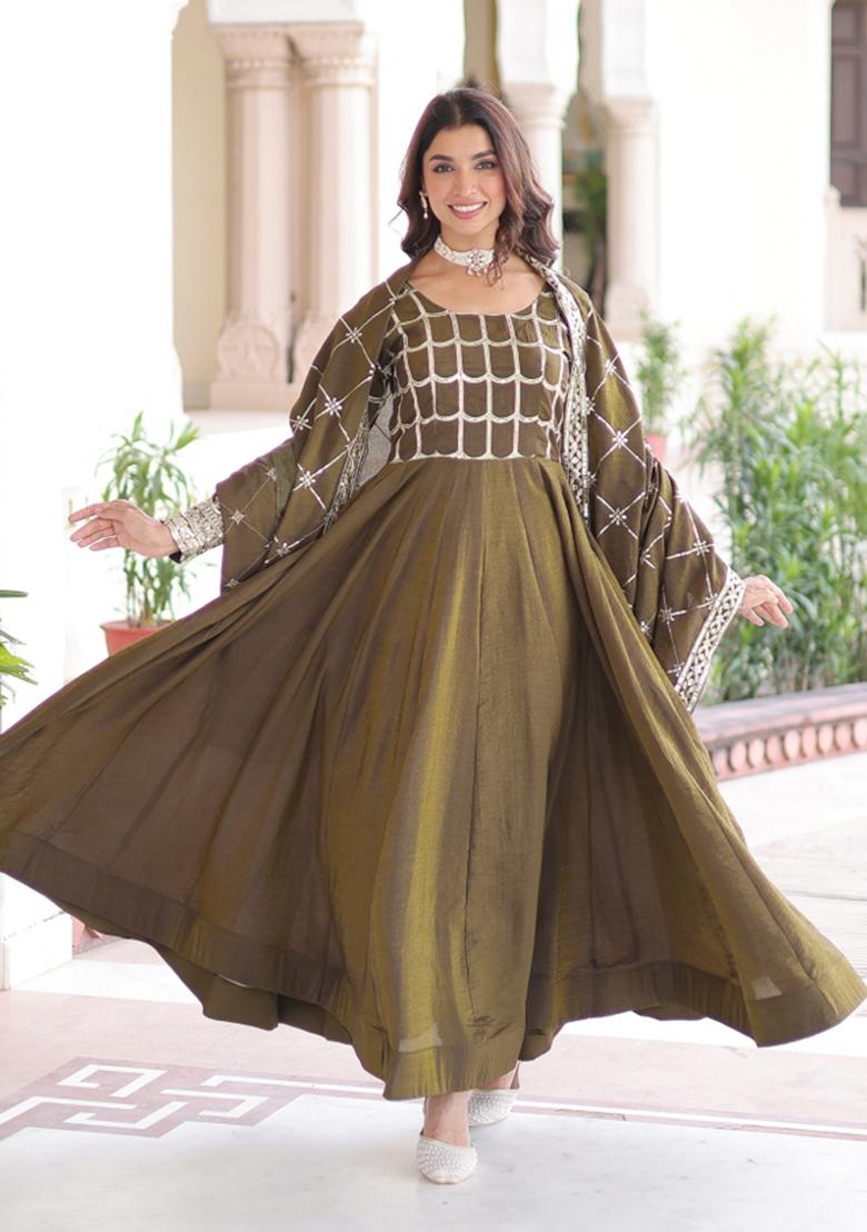 Mehendi Embroidered Nc Vichitra Anarkali With Dupatta - Indya