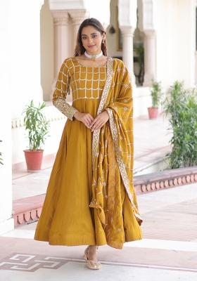 Yellow Embroidered Nc Vichitra Anarkali With Dupatta