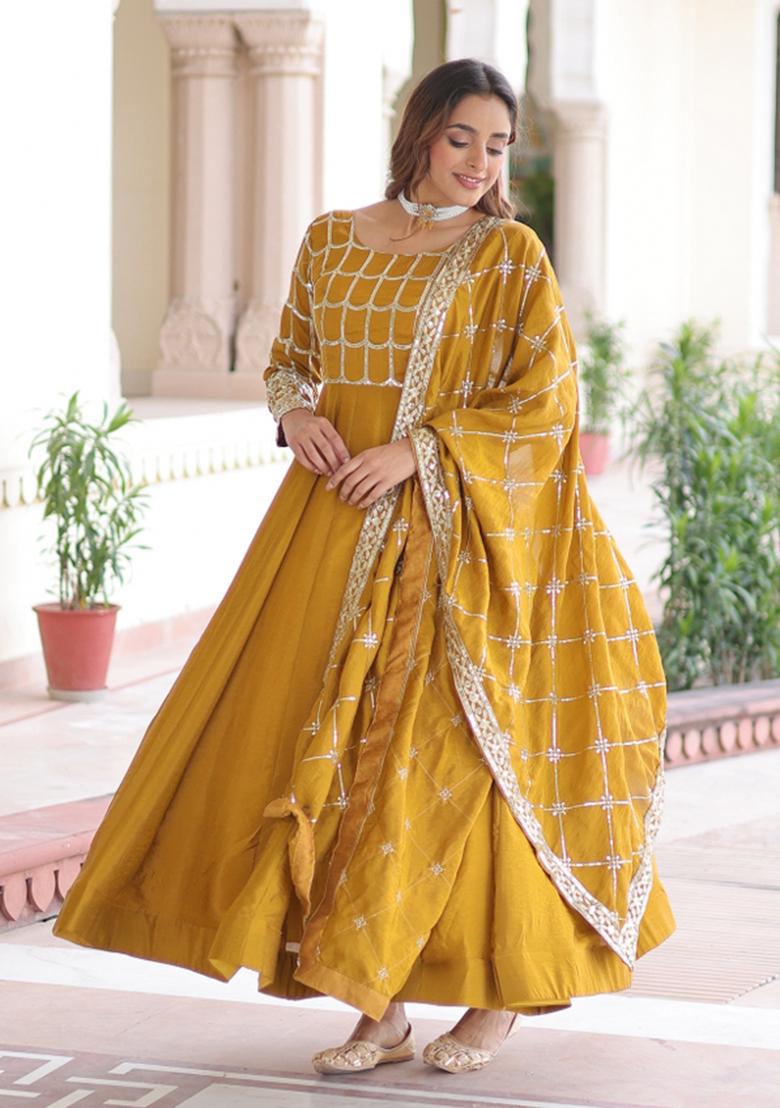 Yellow Embroidered Nc Vichitra Anarkali With Dupatta - Indya