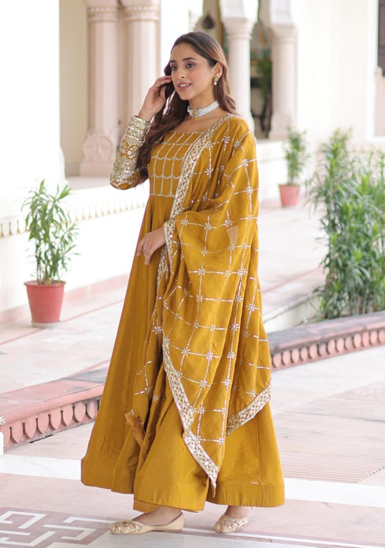 Yellow Embroidered Nc Vichitra Anarkali With Dupatta - Indya