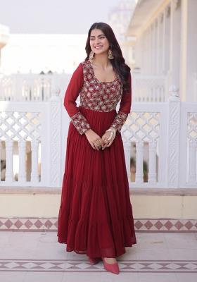 Maroon Embroidered Faux Blooming Anarkali With Dupatta