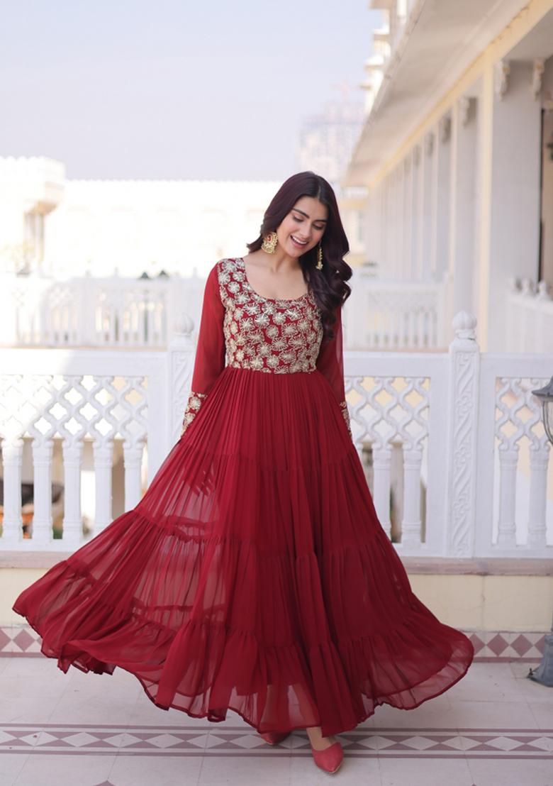 Maroon Embroidered Faux Blooming Anarkali With Dupatta - Indya