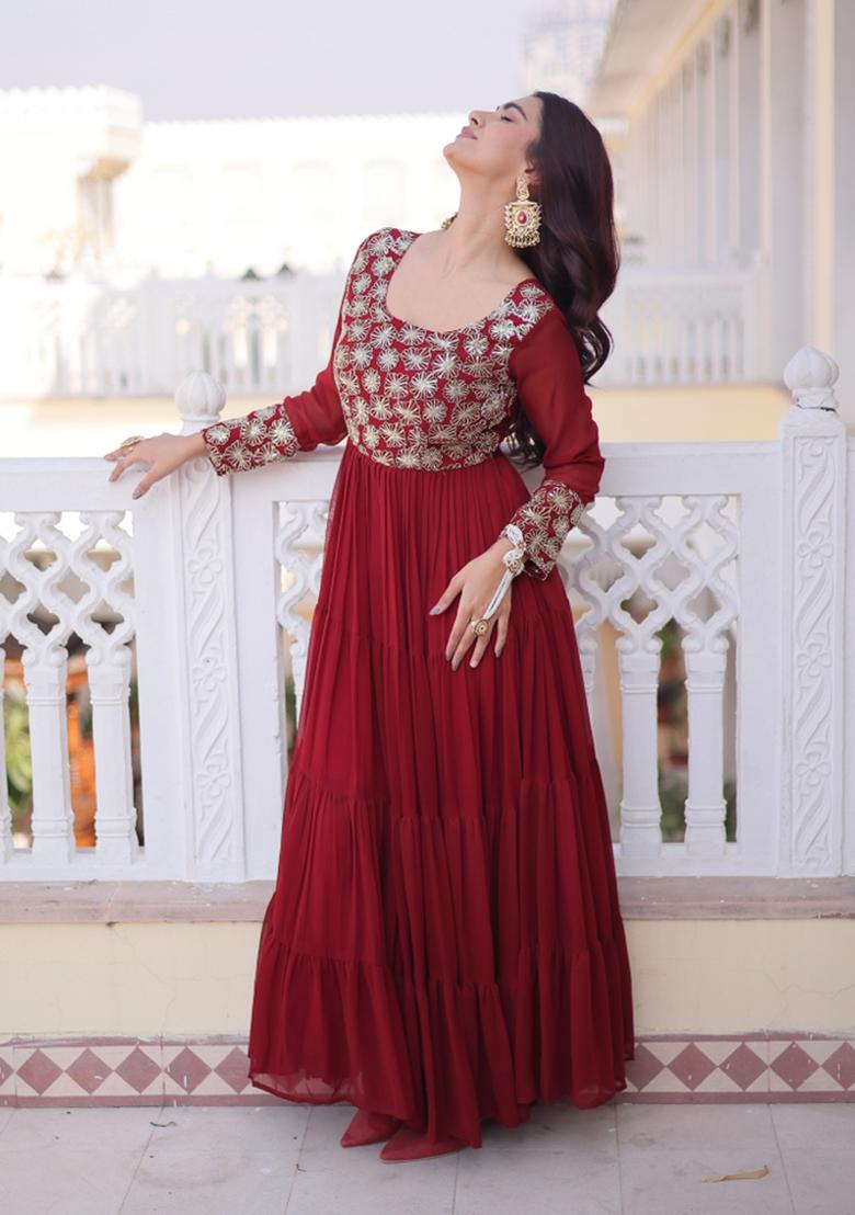 Maroon Embroidered Faux Blooming Anarkali With Dupatta - Indya