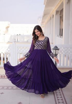 Purple Embroidered Faux Blooming Anarkali With Dupatta