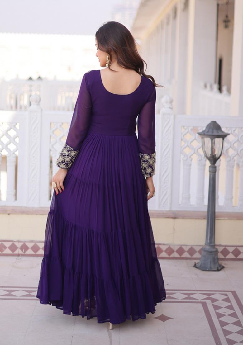 Purple Embroidered Faux Blooming Anarkali With Dupatta - Indya
