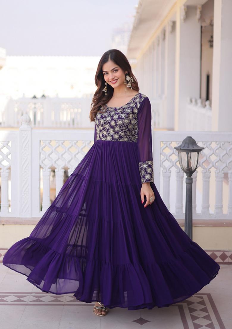 Purple Embroidered Faux Blooming Anarkali With Dupatta - Indya