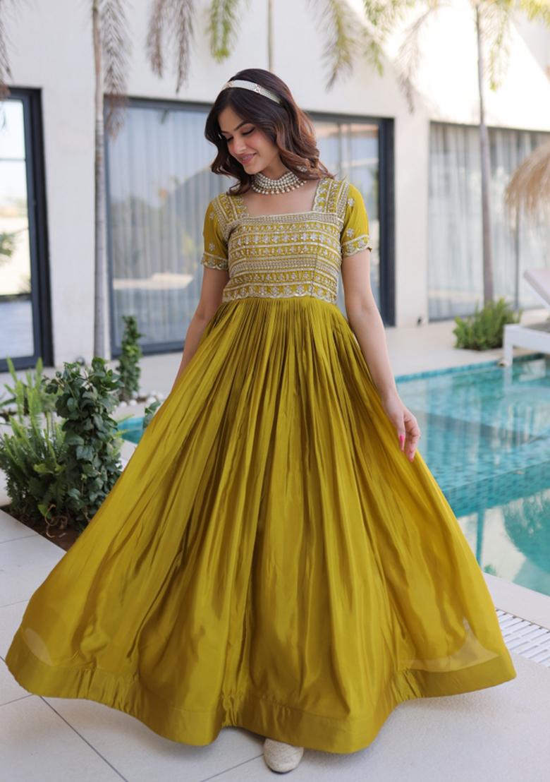 Mehendi Beads Work H O Fabric Anarkali With Dupatta - Indya