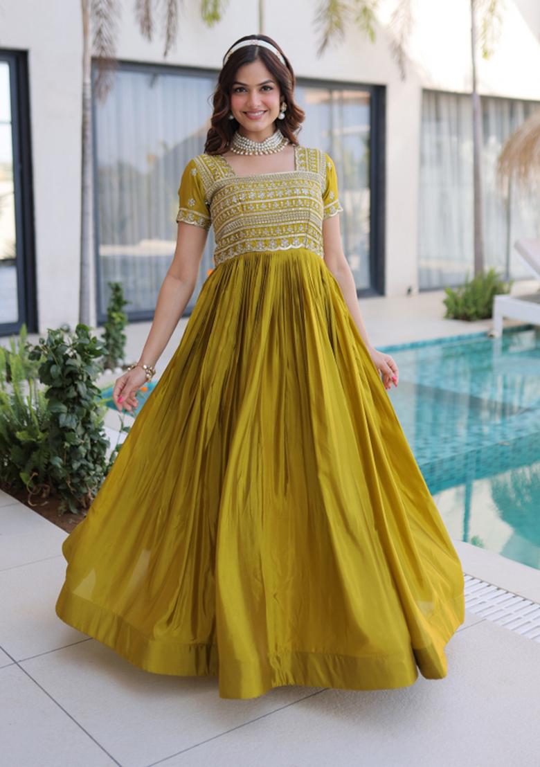 Mehendi Beads Work H O Fabric Anarkali With Dupatta - Indya