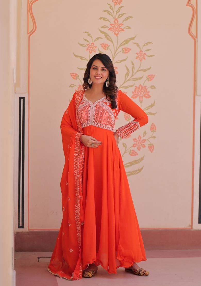 Orange Beads Work Georgette Anarkali With Dupatta - Indya