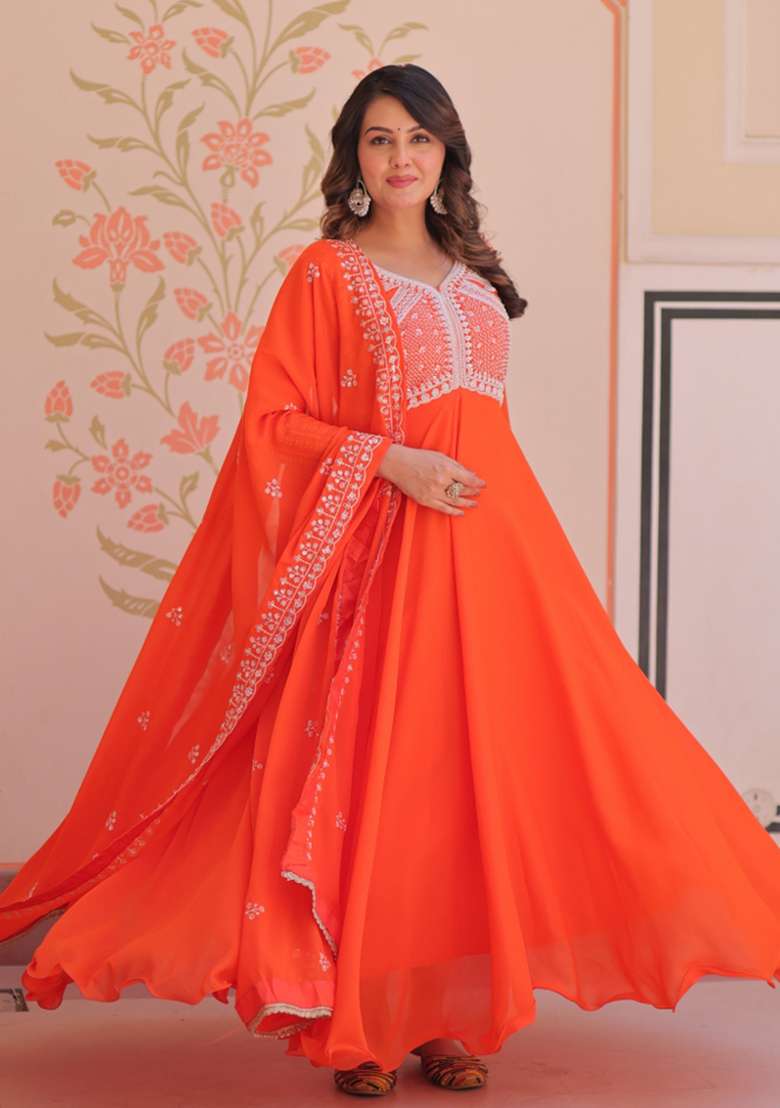 Orange Beads Work Georgette Anarkali With Dupatta - Indya