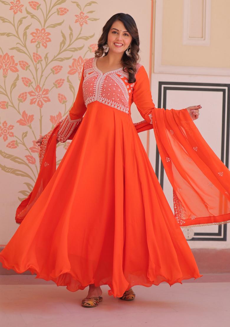 Orange Beads Work Georgette Anarkali With Dupatta - Indya