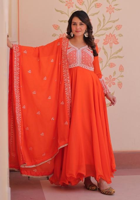 Orange Beads Work Georgette Anarkali With Dupatta